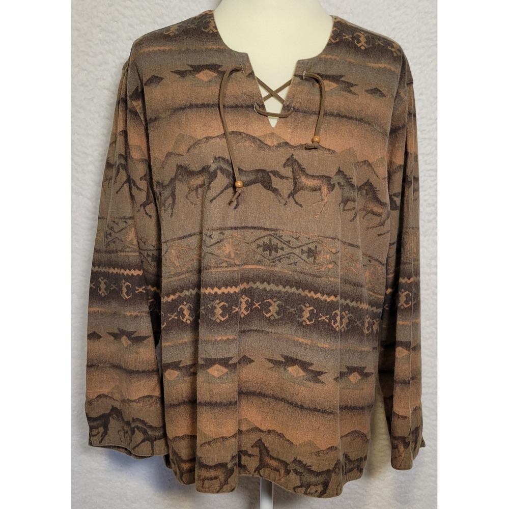Cabelas 100% Cotton Shirt Size 2XL V-Neck Long Sleeve Horse Print Flannel 1700